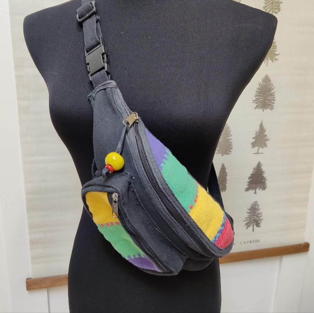 Vintage Black Multi-Color Woven Waist Bag